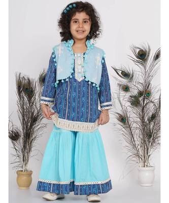 Little Bansi Indigo Floral Print Kurta with Lace work and Sharara with pom pom jacket - Indigo Blue and Sky Blue 1