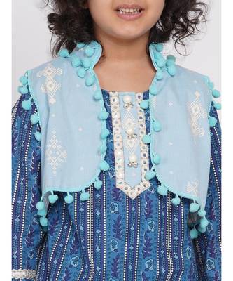 Little Bansi Indigo Floral Print Kurta with Lace work and Sharara with pom pom jacket - Indigo Blue and Sky Blue 2