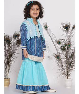 Little Bansi Indigo Floral Print Kurta with Lace work and Sharara with pom pom jacket - Indigo Blue and Sky Blue 3