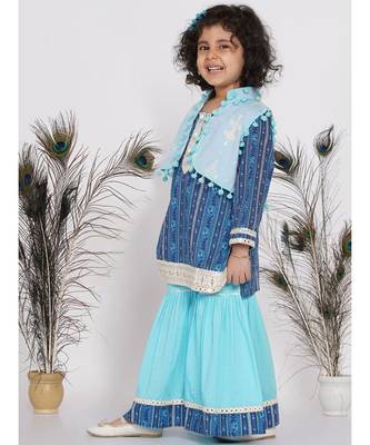 Little Bansi Indigo Floral Print Kurta with Lace work and Sharara with pom pom jacket - Indigo Blue and Sky Blue 4