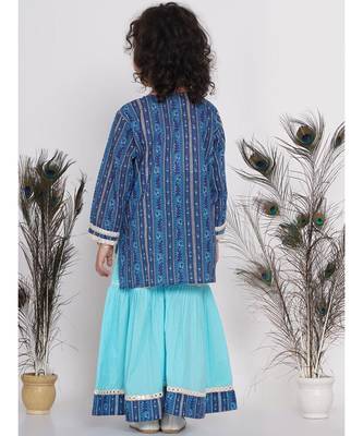 Little Bansi Indigo Floral Print Kurta with Lace work and Sharara with pom pom jacket - Indigo Blue and Sky Blue 5
