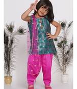 Little Bansi Bird Print Banarsi Kurta with Salwar and Dupatta - Peacock Green and Rani
