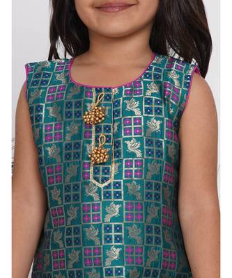 Little Bansi Bird Print Banarsi Kurta with Salwar and Dupatta - Peacock Green and Rani 2