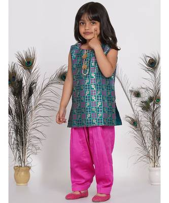 Little Bansi Bird Print Banarsi Kurta with Salwar and Dupatta - Peacock Green and Rani 4