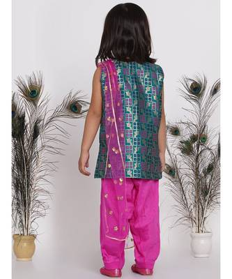 Little Bansi Bird Print Banarsi Kurta with Salwar and Dupatta - Peacock Green and Rani 5