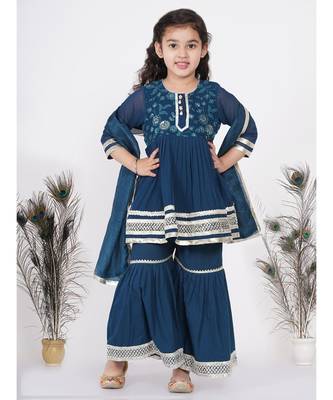 Little Bansi jaipuri Lacework and Gotta Patti work Kurta frock with Sharara and Dupatta - Nighttime Blue 1