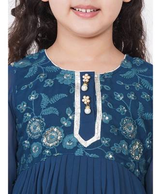 Little Bansi jaipuri Lacework and Gotta Patti work Kurta frock with Sharara and Dupatta - Nighttime Blue 2