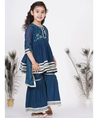 Little Bansi jaipuri Lacework and Gotta Patti work Kurta frock with Sharara and Dupatta - Nighttime Blue 3