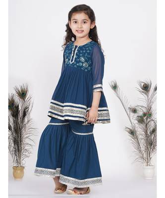 Little Bansi jaipuri Lacework and Gotta Patti work Kurta frock with Sharara and Dupatta - Nighttime Blue 4