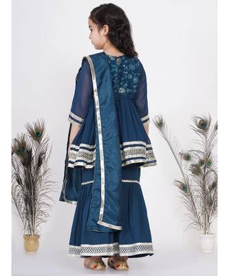 Little Bansi jaipuri Lacework and Gotta Patti work Kurta frock with Sharara and Dupatta - Nighttime Blue 5
