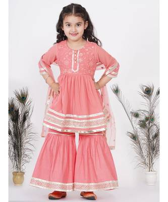 Little Bansi jaipuri Lacework and Gotta Patti work Kurta frock with Sharara and Dupatta - Coral 1