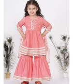 Little Bansi jaipuri Lacework and Gotta Patti work Kurta frock with Sharara and Dupatta - Coral