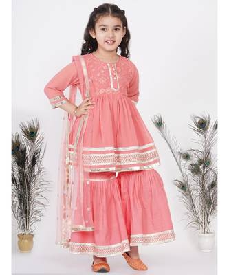 Little Bansi jaipuri Lacework and Gotta Patti work Kurta frock with Sharara and Dupatta - Coral 3
