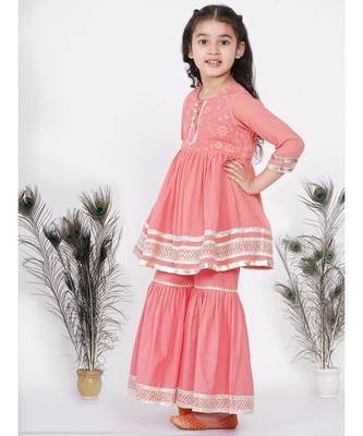 Little Bansi jaipuri Lacework and Gotta Patti work Kurta frock with Sharara and Dupatta - Coral 4