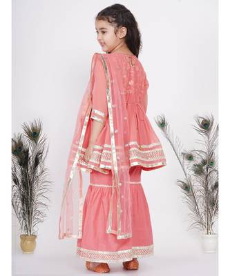 Little Bansi jaipuri Lacework and Gotta Patti work Kurta frock with Sharara and Dupatta - Coral 5