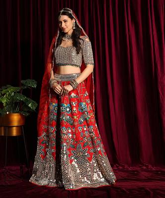 Red Heavy Embroidered Lehenga Blouse With A Dupatta 3