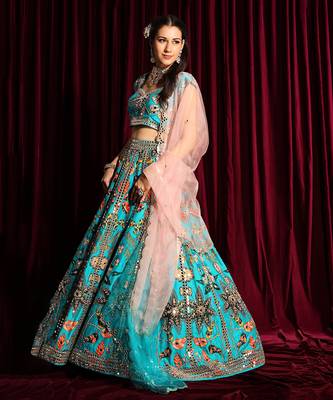Turquoise Heavy Embroidered Lehenga Blouse With A Dupatta 3