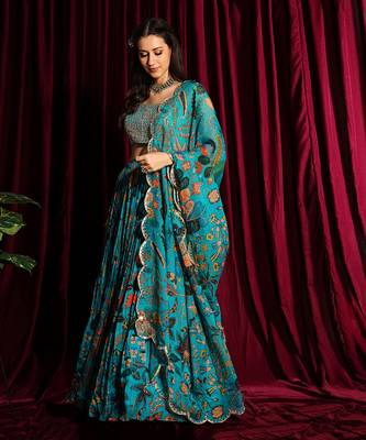 Turquoise Organza Lehenga With Embroidered Blouse And Dupatta 2