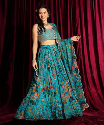 Turquoise Organza Lehenga With Embroidered Blouse And Dupatta 1