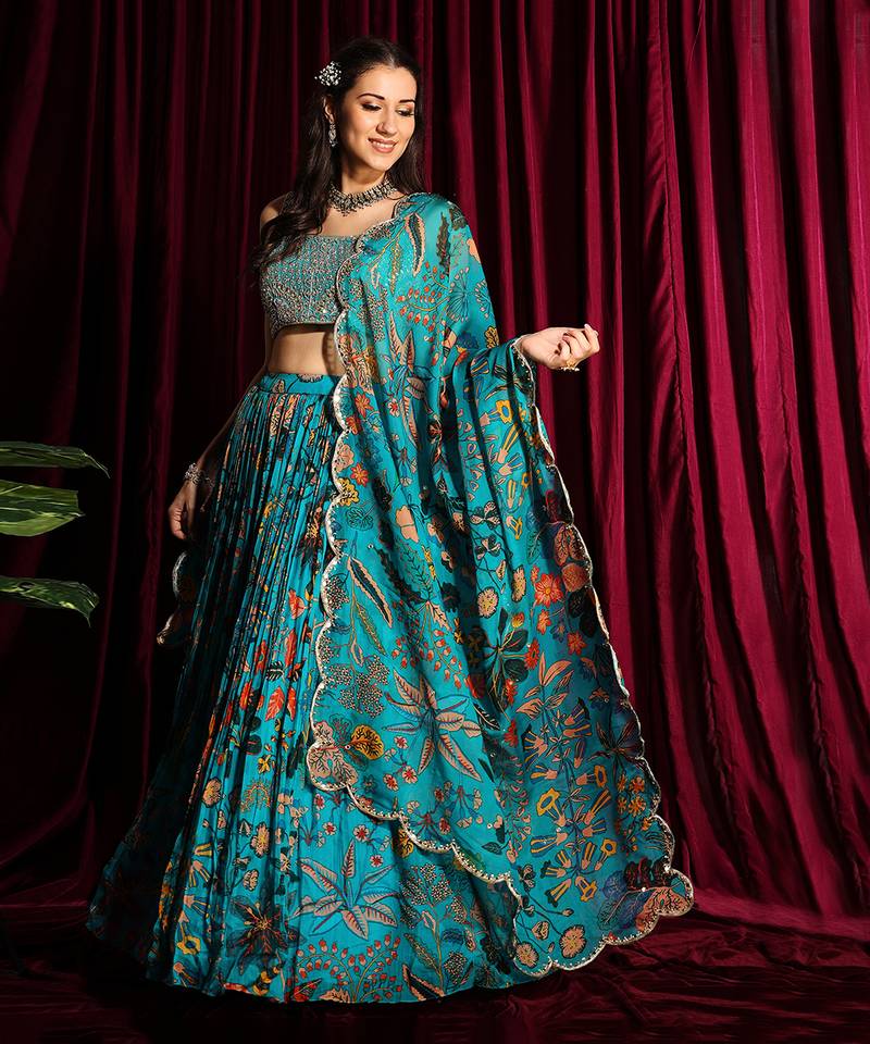 Turquoise Organza Lehenga With Embroidered Blouse And Dupatta