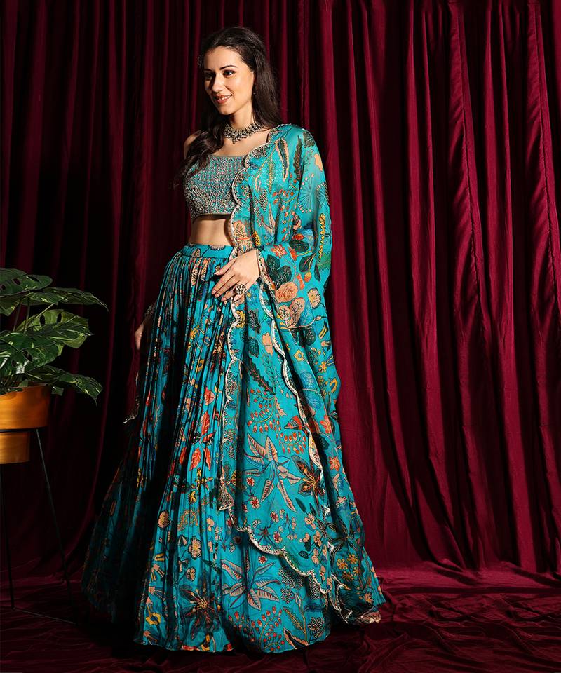 Turquoise Organza Lehenga With Embroidered Blouse And Dupatta