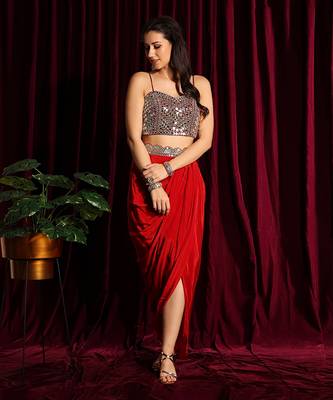 Red Draped Skirt And A Bustier With Printed Cape 2