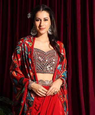 Red Draped Skirt And A Bustier With Printed Cape 4