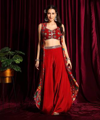 Red Printed Cape With A Bustier And A Gharara 1