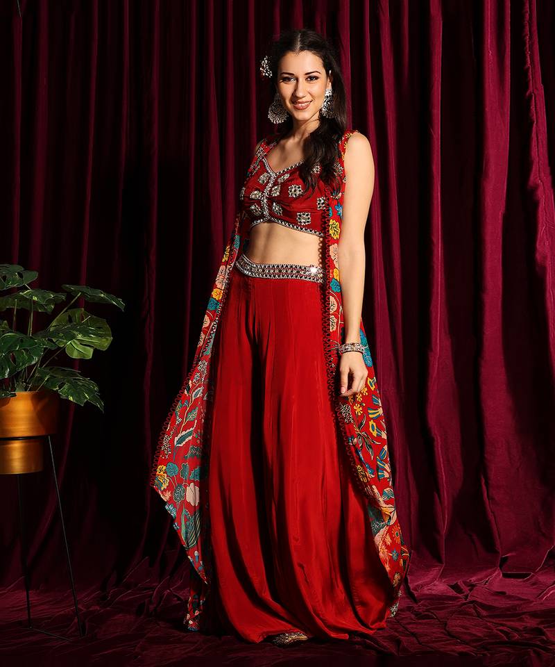 Red Printed Cape With A Bustier And A Gharara