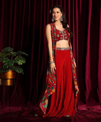 Red Printed Cape With A Bustier And A Gharara 5