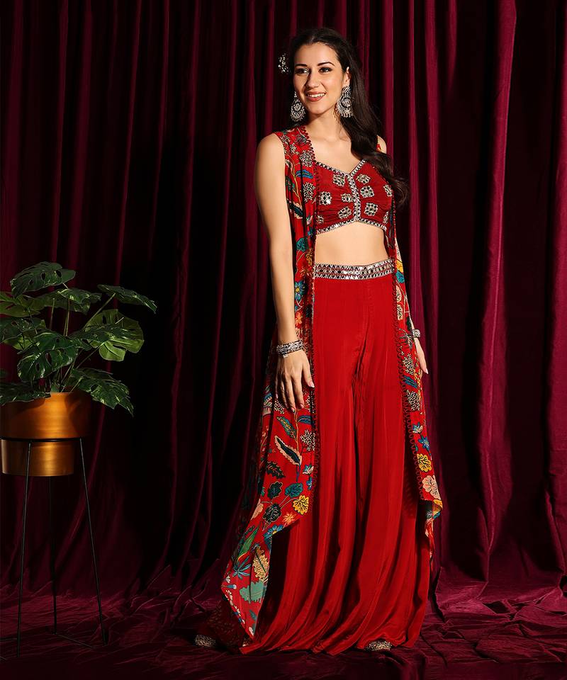 Red Printed Cape With A Bustier And A Gharara