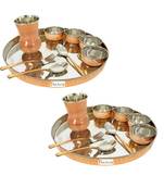 Dinner Set Thali Plate Bowls Fork Glass Spoon and Serving Spoon Diameter 13 Inch Stainless Steel Copper Thali Set of 2