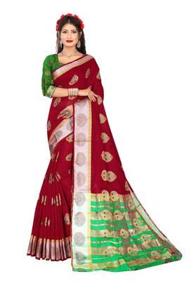 Dark maroon woven pure cotton saree with blouse 1