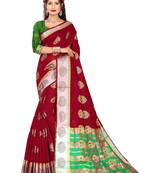 Dark maroon woven pure cotton saree with blouse