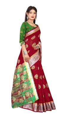 Dark maroon woven pure cotton saree with blouse 3