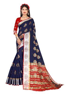 Dark blue woven pure cotton saree with blouse 1