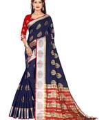 Dark blue woven pure cotton saree with blouse