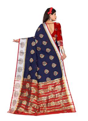 Dark blue woven pure cotton saree with blouse 2