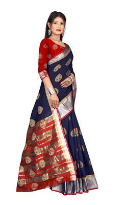 Dark blue woven pure cotton saree with blouse 3