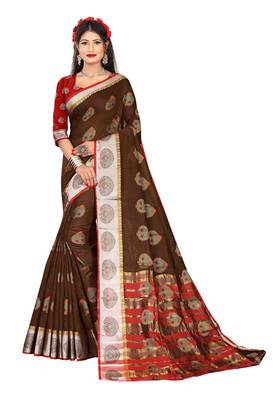 Brown woven pure cotton saree with blouse 1