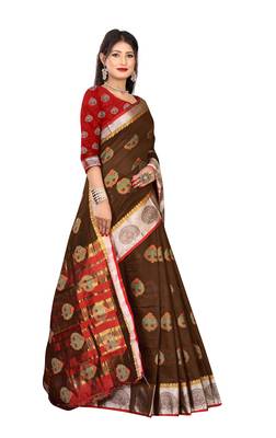 Brown woven pure cotton saree with blouse 3