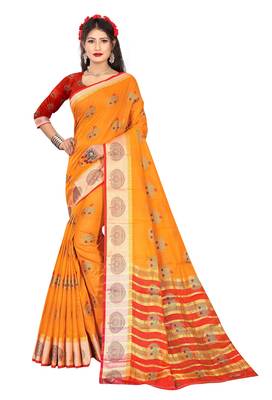 Orange woven pure cotton saree with blouse 1