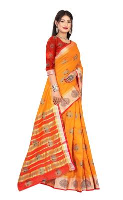 Orange woven pure cotton saree with blouse 3