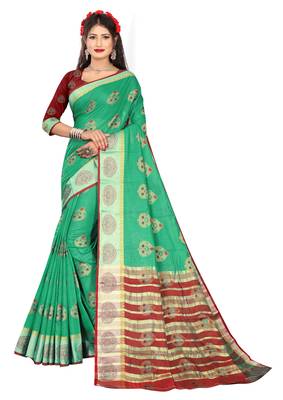 Light green woven pure cotton saree with blouse 1