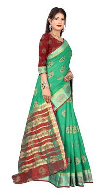 Light green woven pure cotton saree with blouse 3