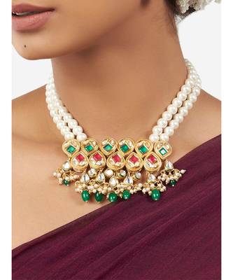Multi Color Shell Pearl Necklace with Hydro Polkis, Rubies and Emeralds 1