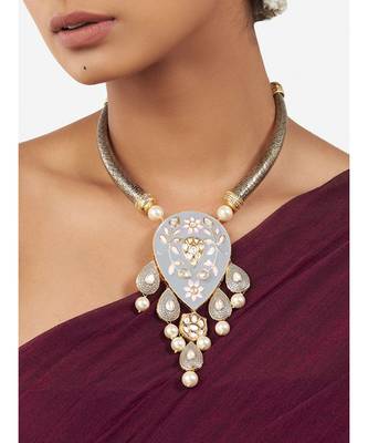 Multi Color Brass Hasli Necklace  with Shell Pearls and Hydro Polkis 1