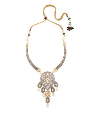 Multi Color Brass Hasli Necklace  with Shell Pearls and Hydro Polkis 2