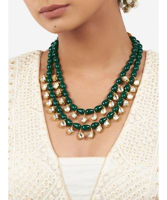 Gold Kundan Polki Necklace  with Hydro Green Onyx Drops 1