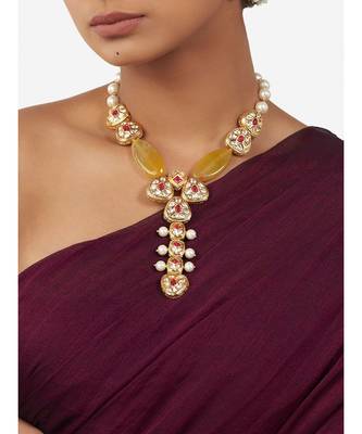 Multi Color Shell Pearl Necklace  with Yellow Agate Stones and Hydro Polkis 1